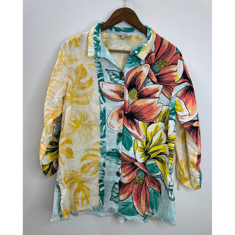 John Mark Artsy Boho Wire Collar Raw Hem 100% Linen Tunic Top Floral Size Small - Picture 12 of 12